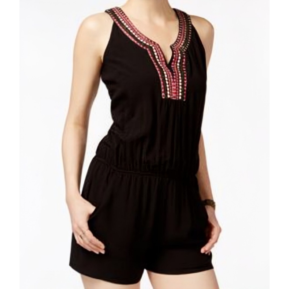 BCX Sleeveless Blouson Romper - Black & Embroidered Neck - Size Small Womens S